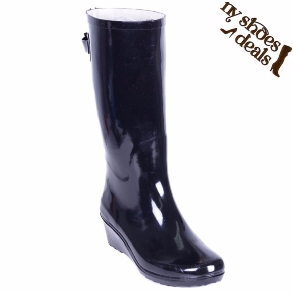 Forever Young Shoes - Women's Black Wedge Rubber Rain Boots Wellies